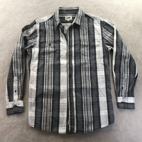 Lee Mens Shirt Medium Plaid Button Up Long Sleeve Check Casual Top Gray Classic - Picture 12 of 13